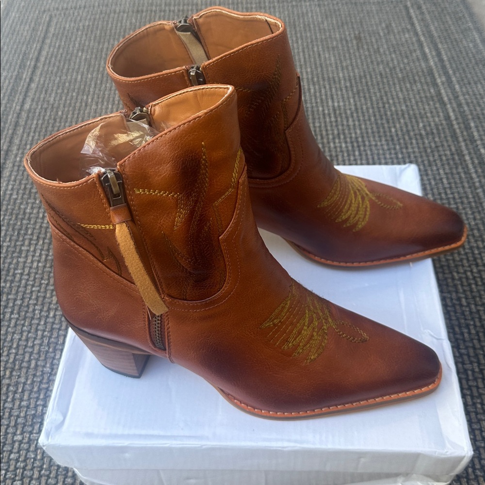 Brown Vegan Leather Embroidered Boots